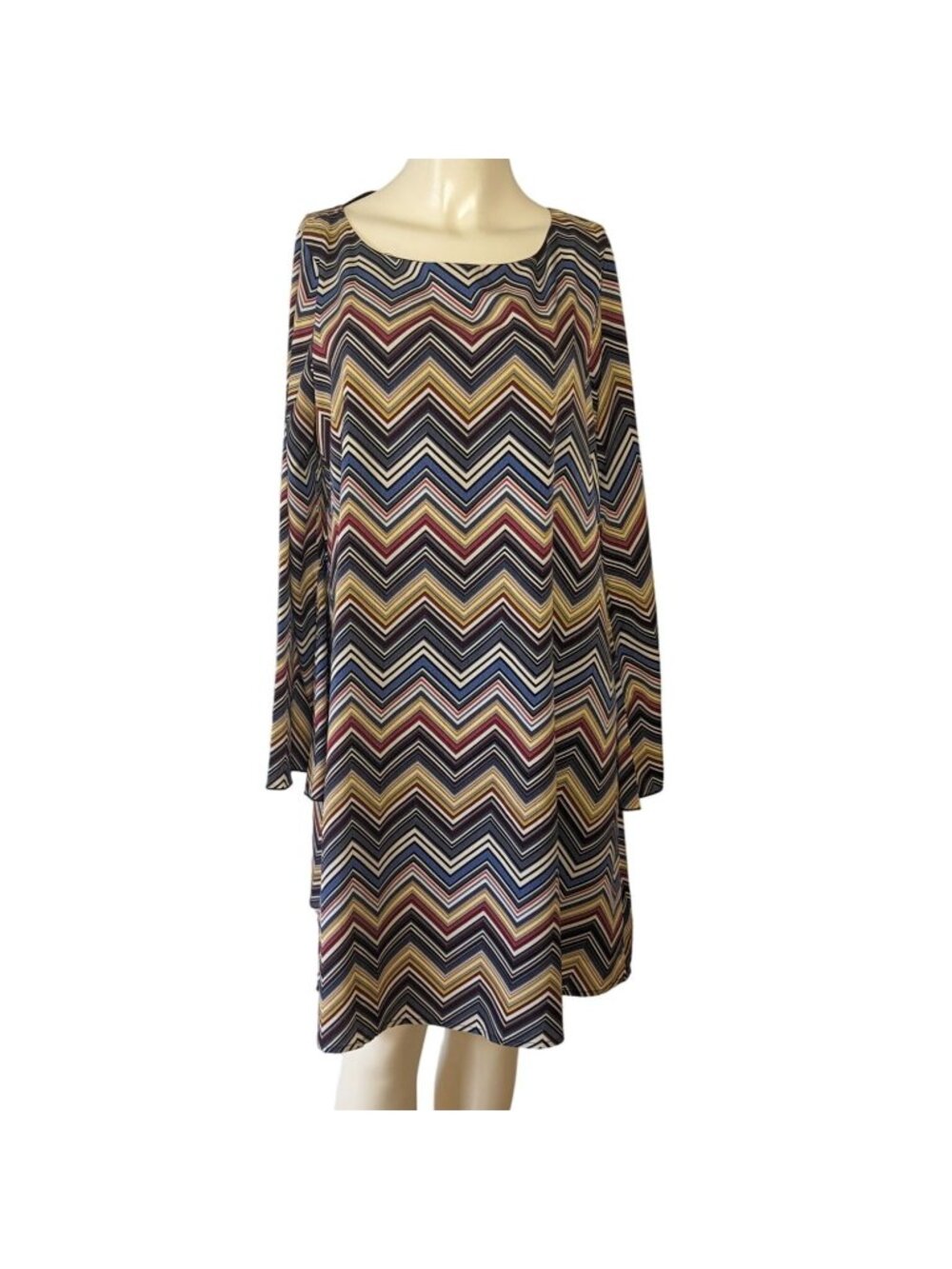 Molly Bracken Shift Dress Women L Multicolor Zig Zag Long Sleeve Lined